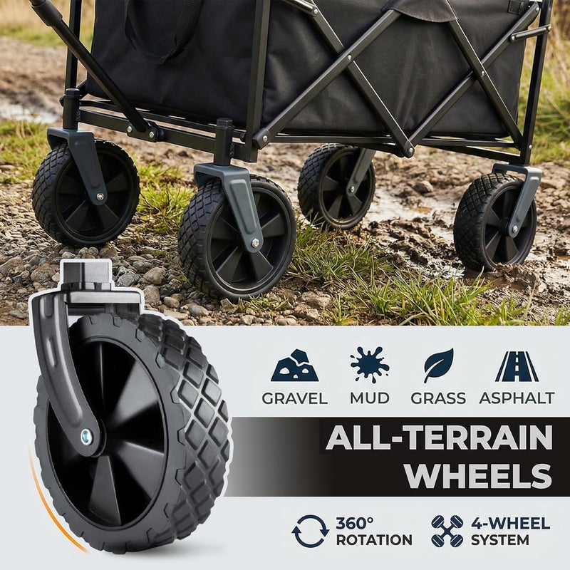 Eworld Collapsible Wagon 220 lbs, Heavy Duty Foldable Utility Wagon with All-Terrain Wheels & Drink Holders for Groceries, Beach, Shopping, Sports & Camping (Black) - Image 5